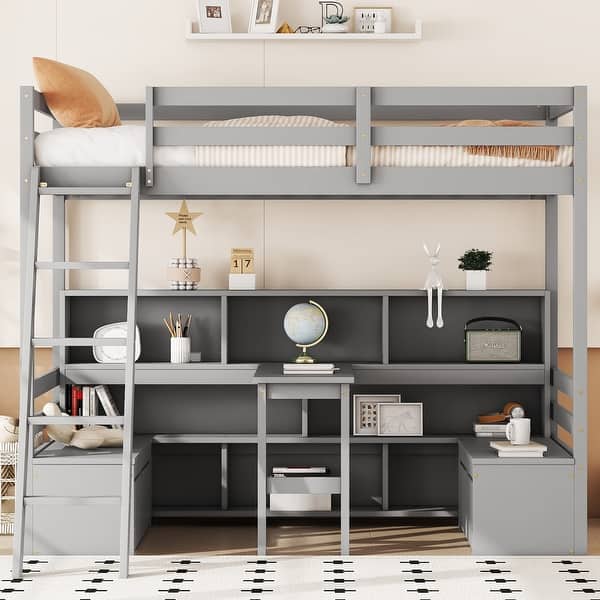 slide 2 of 6, Grey Twin Size Wood Loft Bed with Storage Shelves Grey