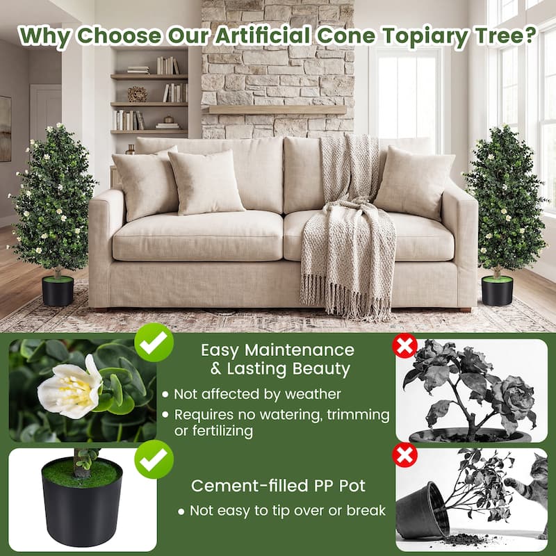 Gymax 2 Pack 36'' Artificial Topiary Cone Tree w/49 Flowers