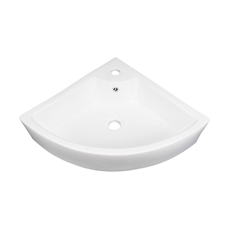 HUDSON White Ceramic Triangular Corner Bathroom Vessel Sink with Overflow and Single Faucet Hole