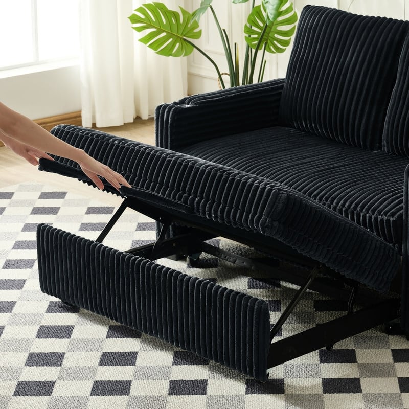 Corduroy Sleeper Sofa w/ USB Ports, Convertible Pull-Out Sofa Bed, Modern Sleeper Couch Loveseat w/ 2 Pillows & Pocket