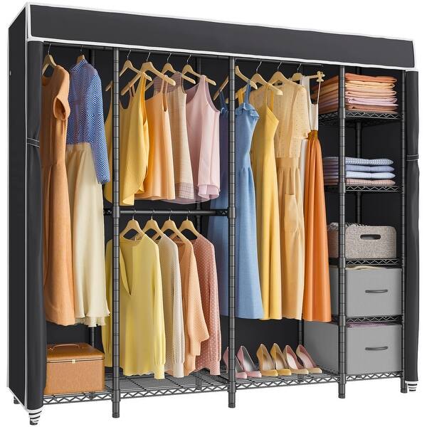 Bedroom Armoires Large Wardrobe Clothing Rack for Hanging Clothes with Adjustable Wire Shelf and