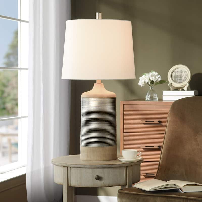 StyleCraft Haver Hill Light Tan Wood with Ribbed Silver Band Table Lamp