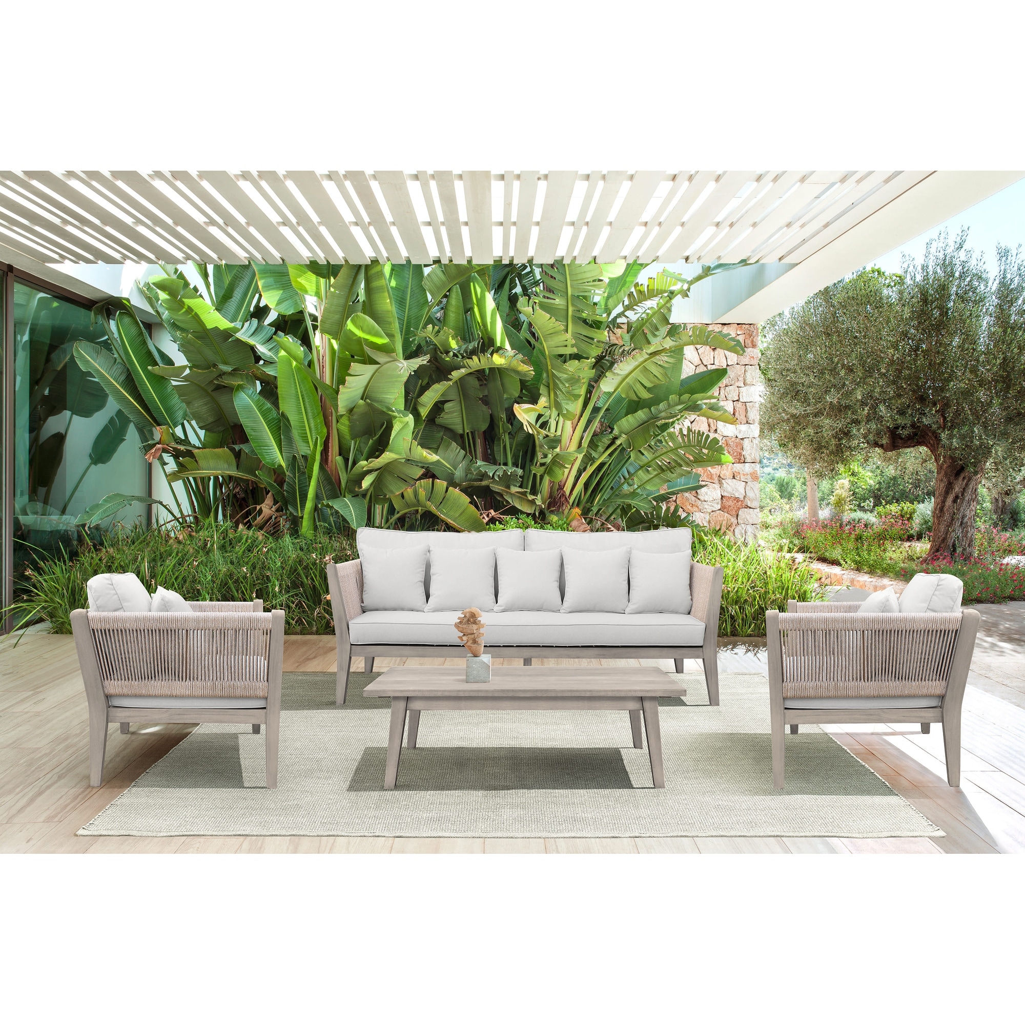 Denia 4 Piece Outdoor Patio Furniture Set In Acacia Wood And Rope With Dove Cushions
