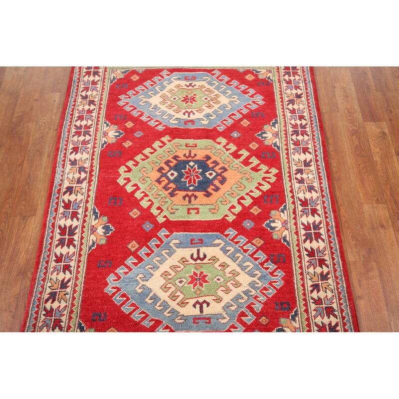 Geometric Kazak Accent Rug Hand-Knotted Red Wool Carpet - 3'4" x 4'7"