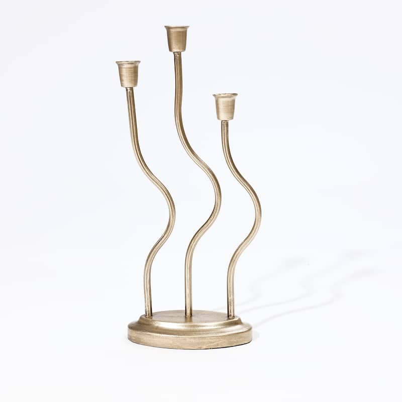 Gold Metal 3-Taper Candle Holder Tabletop Sculpture - 15.35" H x 6.9" W x 3.5" D