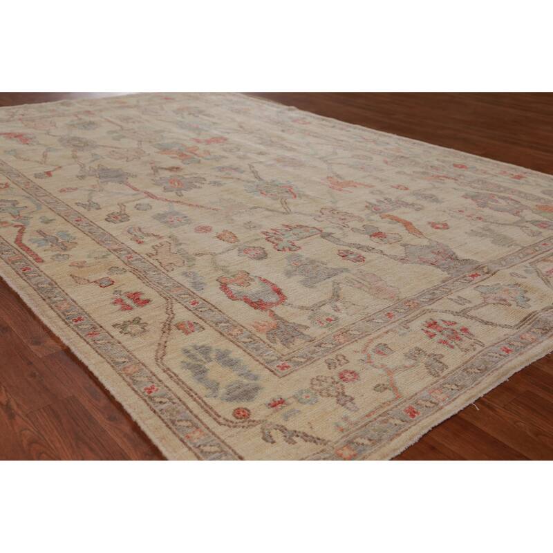 Hand Knotted Oriental 100% Wool Carpet Transitional All-Over Beige & Ivories Oushak Area Rug - 9' 2'' X 6' 2''