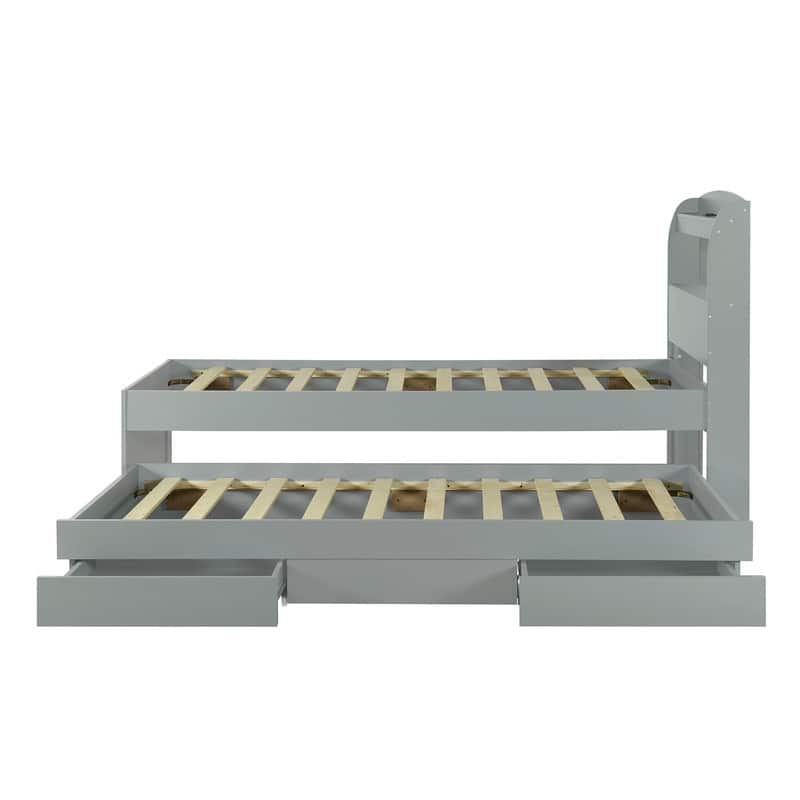 Twin XL Size Platform Bed w/Twin Size Trundle and 2 Drawers,LED Headboard,Charging Station