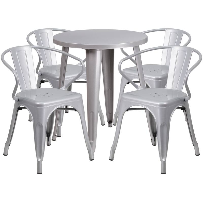 24'' Round Metal Indoor-Outdoor Table Set with 4 Arm Chairs