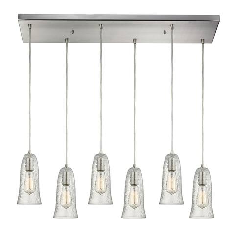 Hammered Glass 6-Light Rectangular Pendant Fixture in Satin Nickel with Hammered Clear Glass