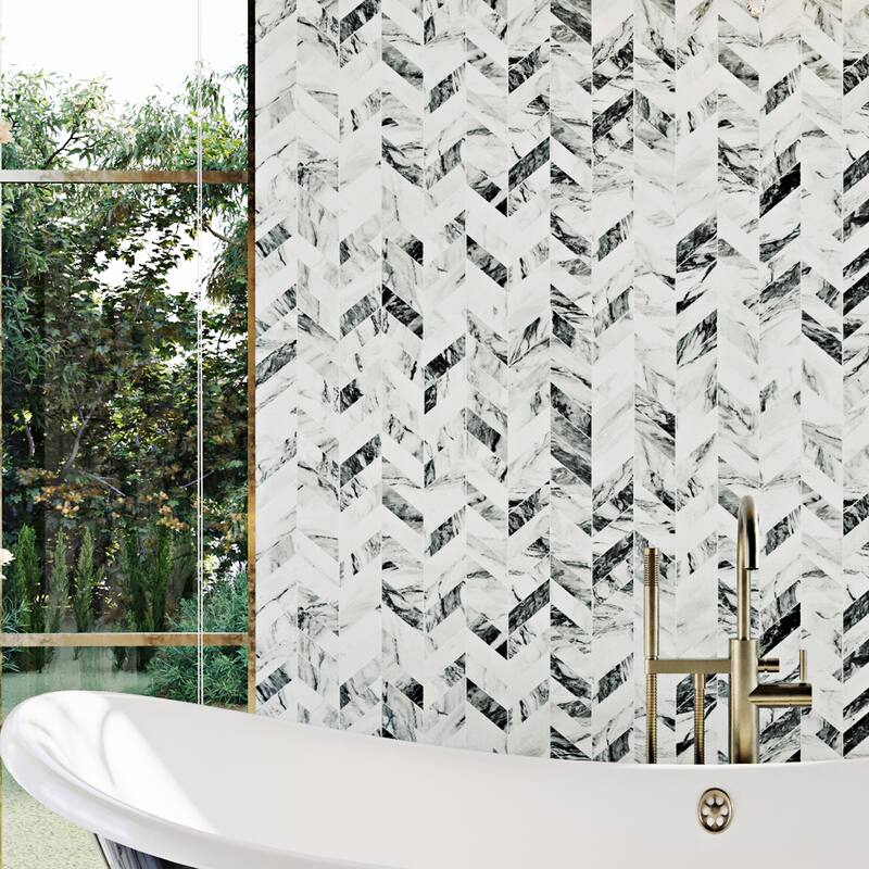 Merola Tile Touche Chevron Zebre 11-3/4" x 12-1/4" Porcelain Mosaic Floor and Wall Tile - (1 Tile) - Black - (1 Tile)