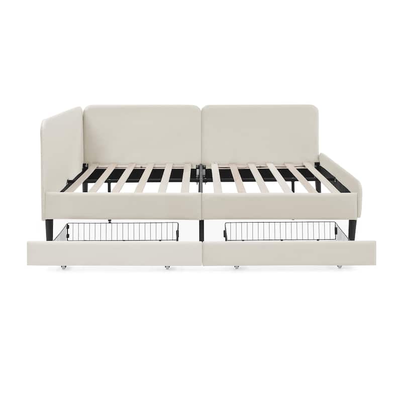 Velvet Upholstered Bed Adjustable Daybed Full Size Sleeper Sofa Bed Frame with Storage Drawers for Living Room, Guest Room