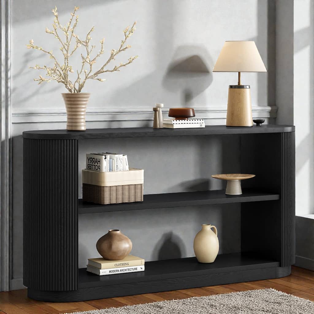 Modern Slim Entryway Console Table with Open Shelf, Curved & Fluted Wood Grain Design, Narrow Sofa Table for Hallway