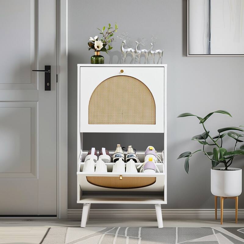 Rattan Shoe Cabinet with 2 / 4 Flip Drawers, Narrow Shoe Storage Cabinet,Organizer for Entryway, Bedroom, Living Room