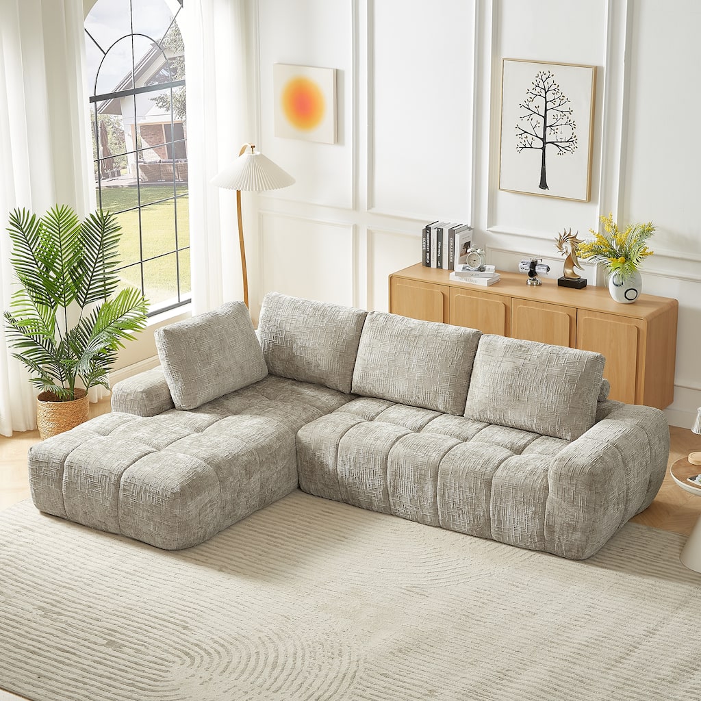 Modern Convertible Compressed Couch L-shaped Sectional Sofa with Chaise, Available Khaki Chenille or Dark Blue Corduroy