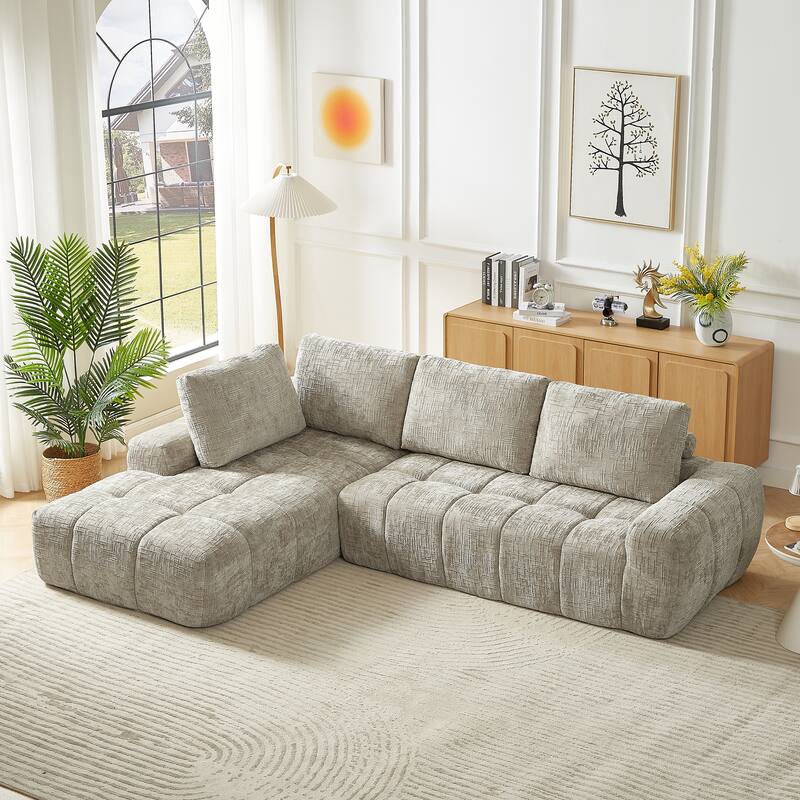 Modern Convertible Compressed Couch L-shaped Sectional Sofa with Chaise, Available Khaki Chenille or Dark Blue Corduroy - Khaki