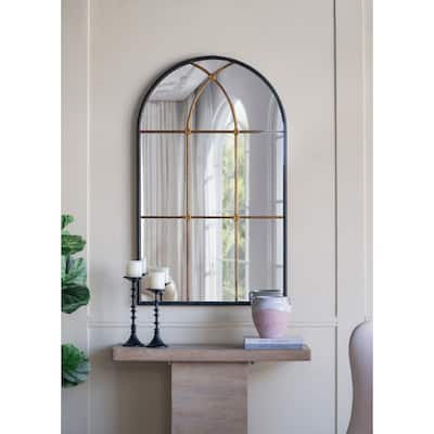 28.3" x 47" Arched Wall Mirror with Black and Gold Windowpane Design