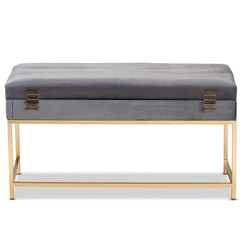 Aliana Glam and Luxe Velvet and Gold Metal Large Storage Ottoman
