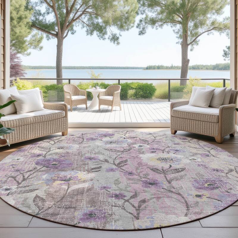 Machine Washable Indoor/ Outdoor Floral Joy Chantille Rug - Lilac - 8' x 8'