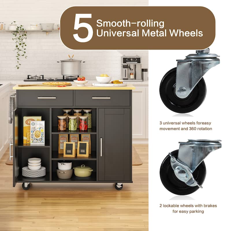Rolling Kitchen Island with Storage Cabinet & Drawers - Rubber Wood Top for Dining & Kitchen Storage