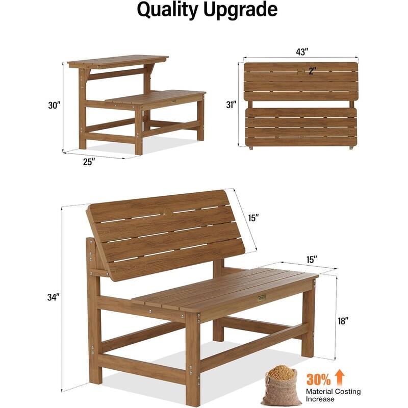 WINSOON All Weather HIPS Outdoor Convertible Bench Picnic Table with Umbrella Hole