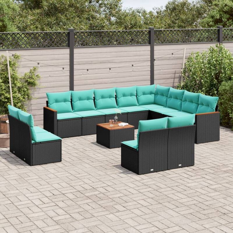 vidaXL 12 Piece Patio Sofa Set with Cushions Black Poly Rattan - 21.7x27.2x24.4-With table