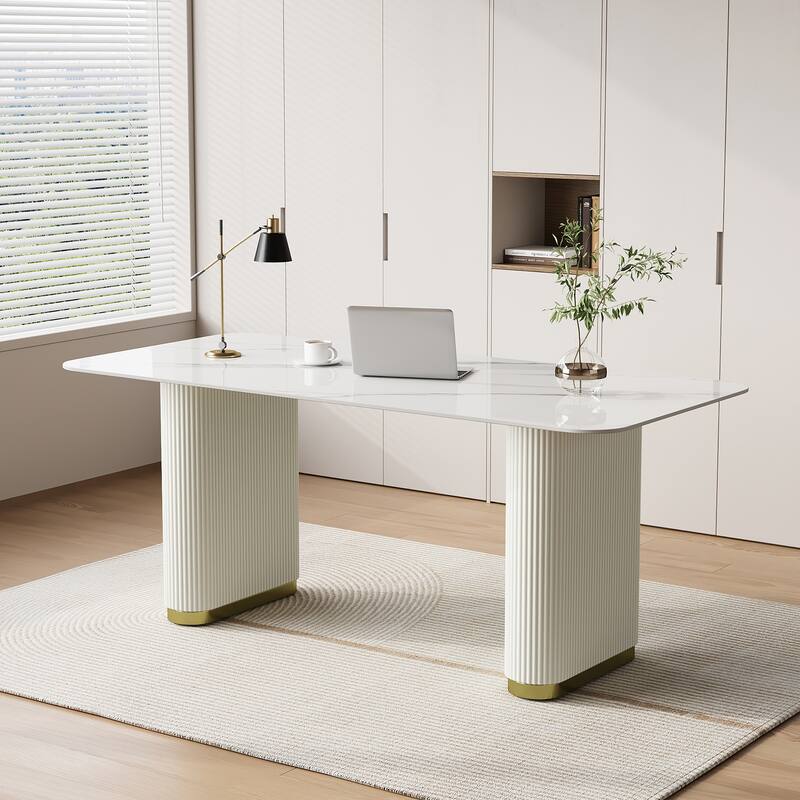 63" Modern White Writing Table, Retacgular Desk With Glossy Sintered Stone Table Top, Double Roman Column Legs