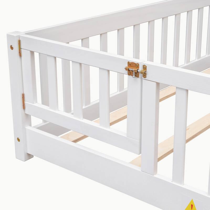 Pine Wood Floor Platform Bed with Fence and Door