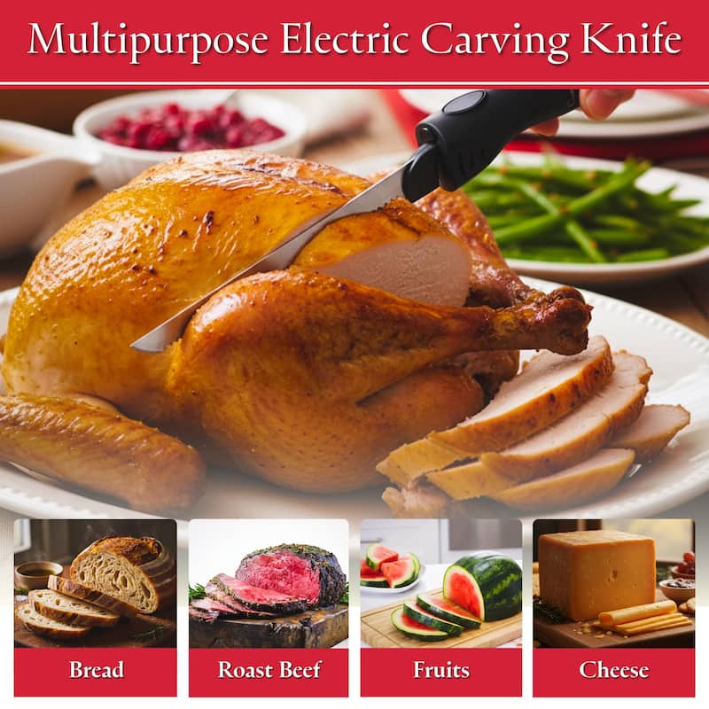 Electric Carving Knife - 8-Inch Serrated Stainless-Steel Blade Cutter with Comfort Grip Handle by Classic Cuisine (Black)