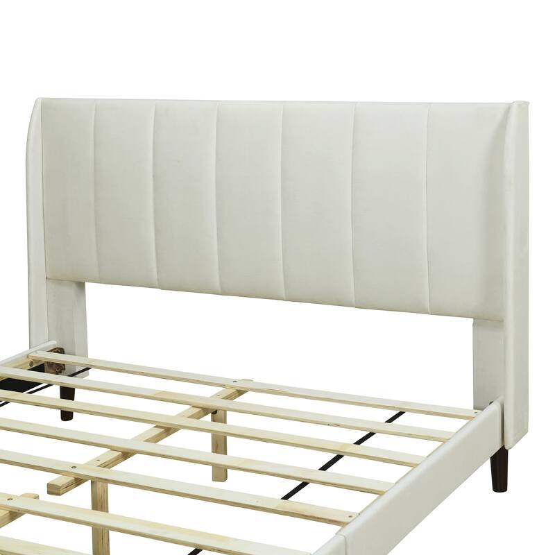 Upholstered Platform Bed, Velvet - Beige - Queen