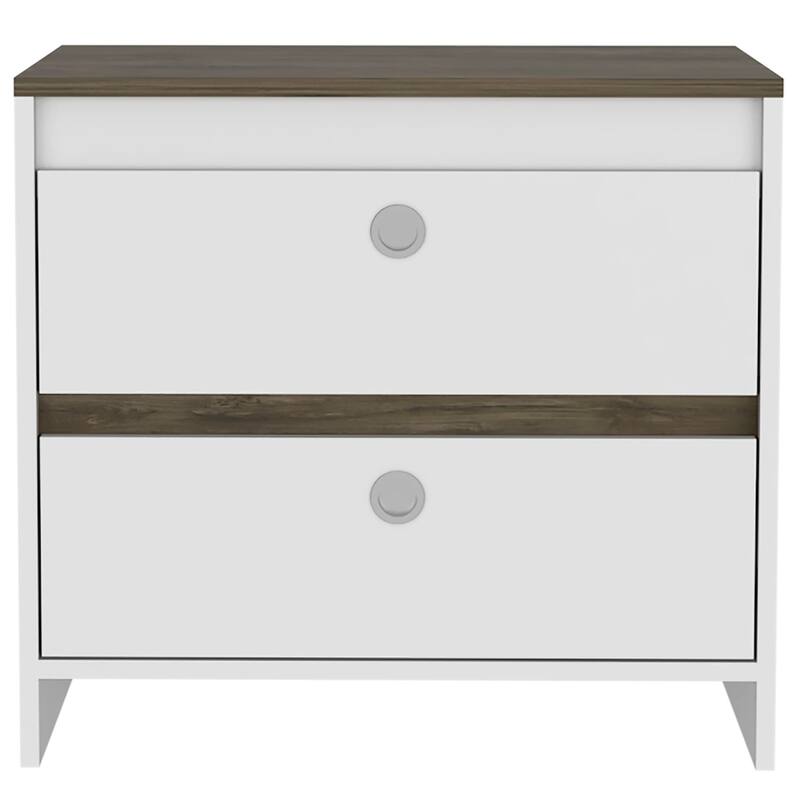 Modern Nightstand with Drawer and Shelf, Smokey Oak & White Finish, Space-Saving Design