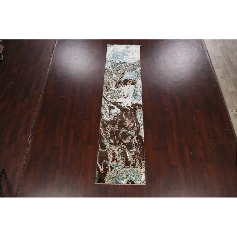 Wool/ Silk Abstract Artistic Modern Oriental Runner Rug Hand-knotted - 2'6" x 10'1"