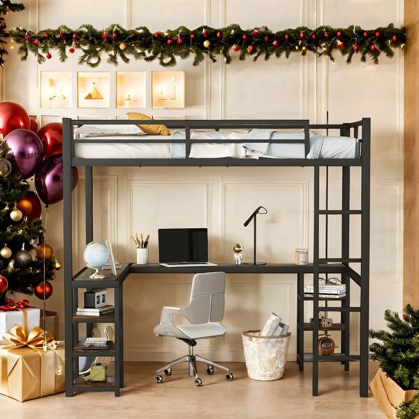 slide 2 of 13, Full Metal Loft Bed With Desk And Shelves, Loft Bed With Ladder And Guardrails Black