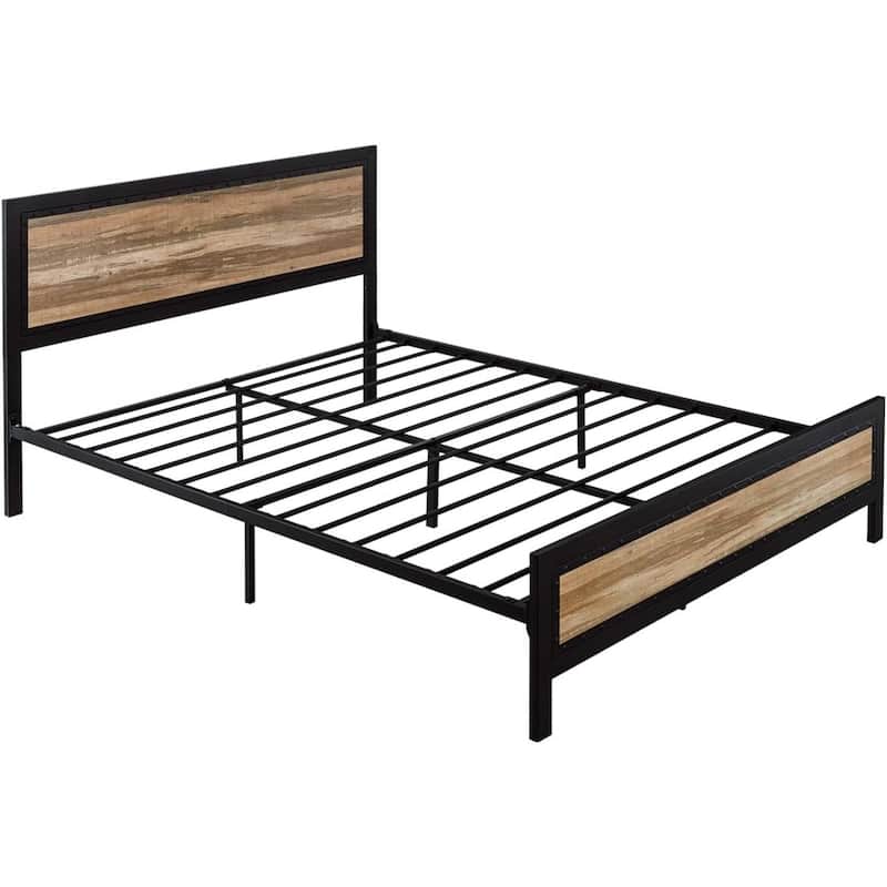 Industrial Rivet Design Wood and Metal Bed Frame with Storage Space