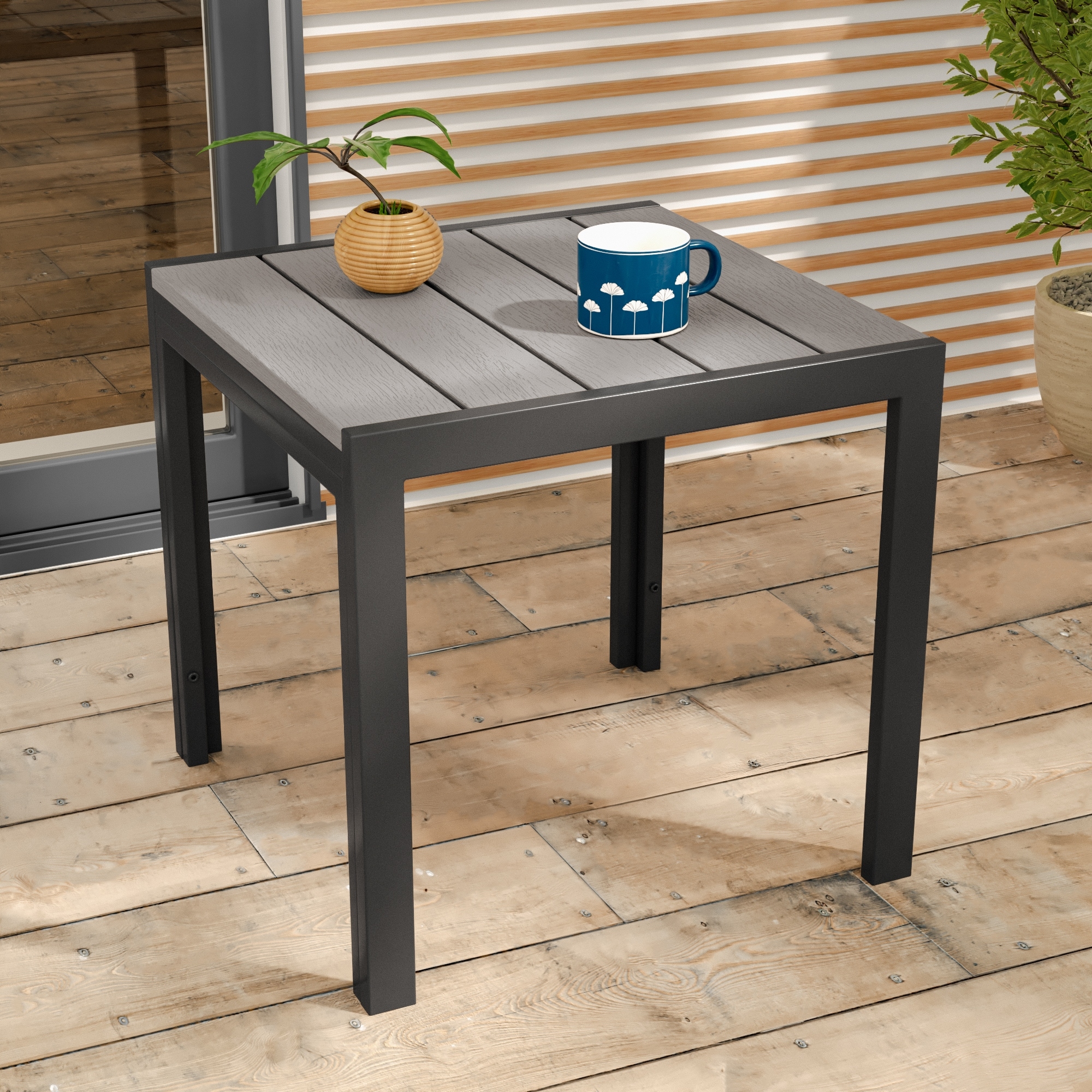 Livoosun Patio Side table, Outdoor Metal & Wood Grain Square Table, Gray