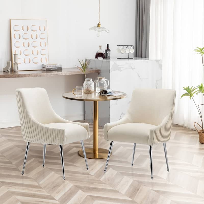 SEYNAR Modern Velvet Pleated Finish Back Dining Chair Set of 2 with Rear Handle