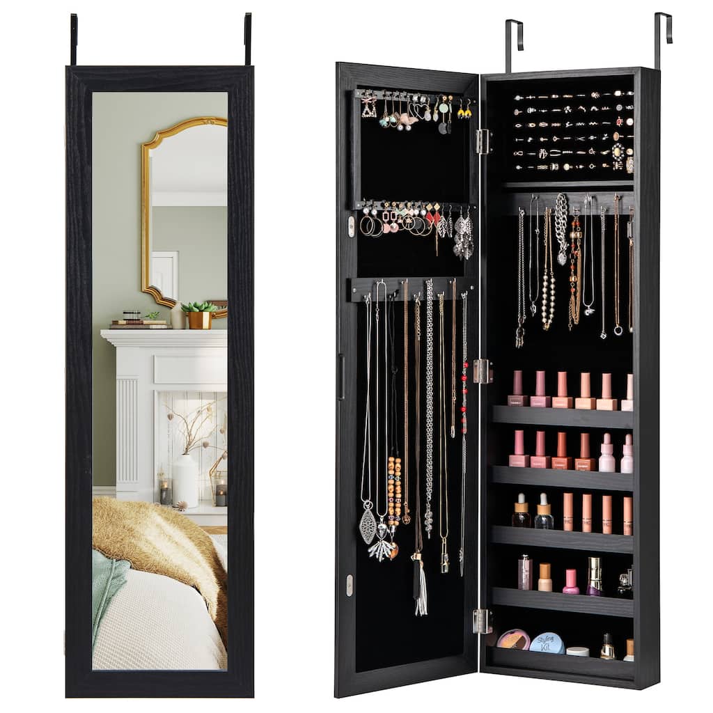 Wall Mounted or Door Hanging Jewelry Cabinet with Full Length Mirror and Large Storage Organizer Black - 12.5” x 3.7” x 42”