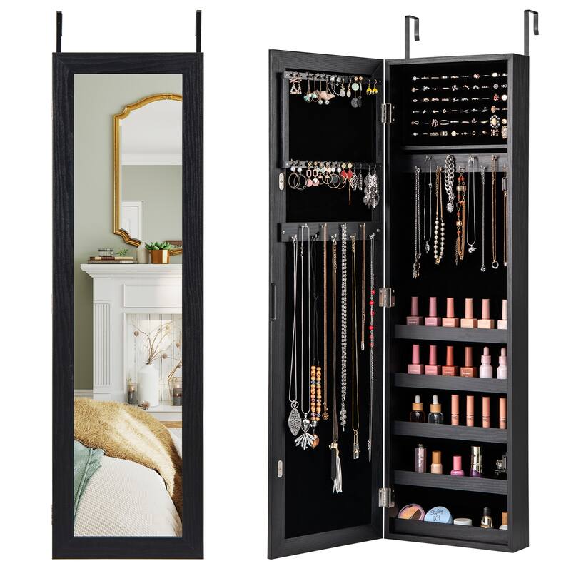 Wall Mounted or Door Hanging Jewelry Cabinet with Full Length Mirror and Large Storage Organizer Black - 12.5” x 3.7” x 42”