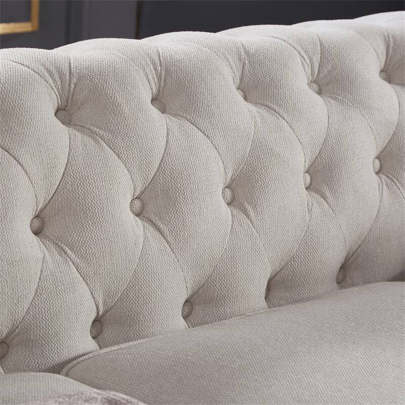3 Seat Linen Fabric Couch, Solid Wood Chesterfield Round Armrest Sofa
