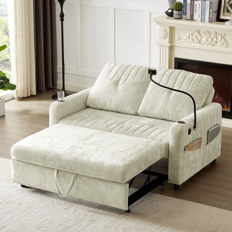 Chenille Loveseat Convertible Pull-out Sleeper Sofa Bed, Tufted Couch w2 Cup Holders Phone Holder & 3 USB Ports, Pockets