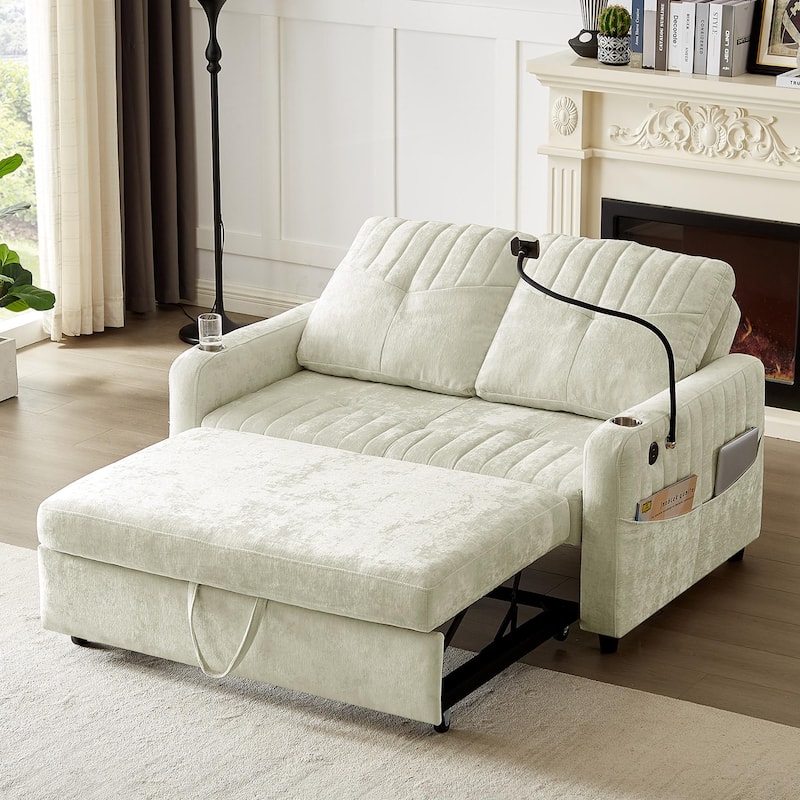 Multi-Functional Sleeper Sofa Pull-Out Loveseat with USB Charging, Sofa Bed with Adjustable Backrest and Storage Pockets