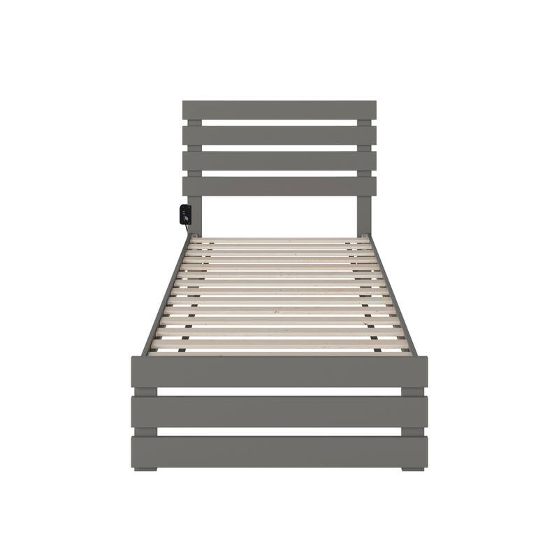 Modern Twin XL Bed with Footboard & USB Charger - Grey Solid Wood Platform Bed - 41.38"H