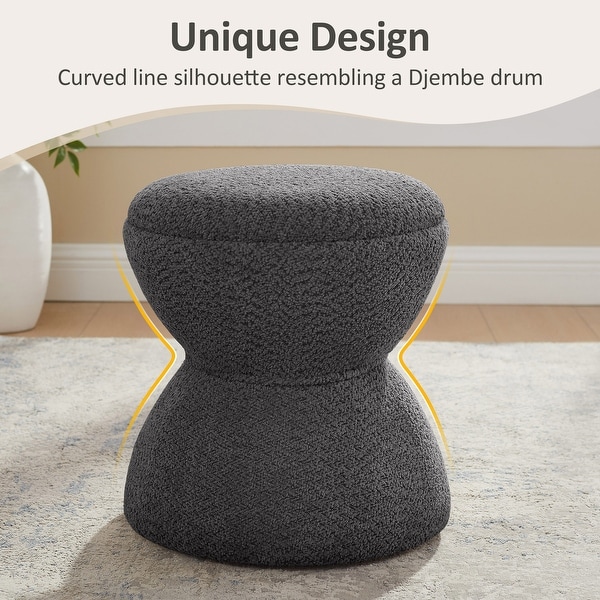 VANOMi Djembe Boucle Upholstered Ottoman, Pouf, Vanity Stool for