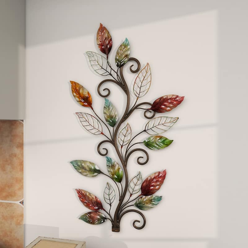 Multi Colored Metal Leaf Home Wall Decor with Scrolled Vine and Wire Leaf Accents