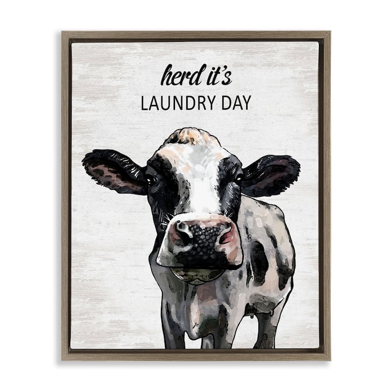 Stupell Herd It's Laundry Day Cow Framed Floater Canvas Wall Art Design By Lettered and Lined - 25 x 31 - Brown