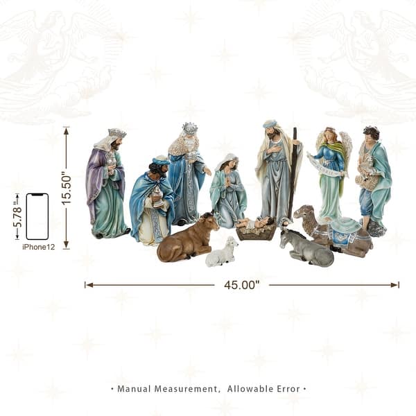 dimension image slide 2 of 30, Glitzhome 12pcs Resin Christmas Multi/ Blue/ Ivory Nativity Figurines Set