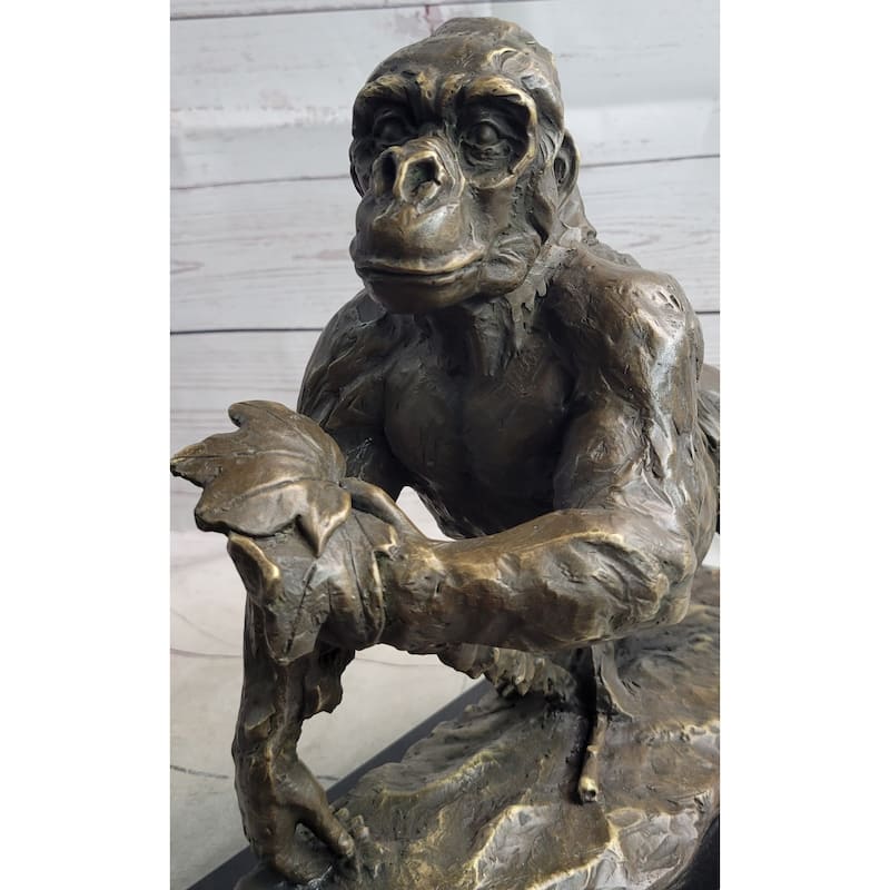 Imitative Gorilla Great Ape Bronze Metal Statue Sculpture Figure Decor Signed On Marble Base