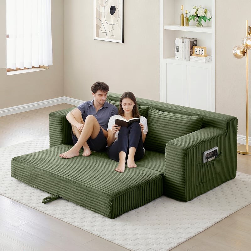 Floor Sofa Couch Convertible Sofa Bed with Storage Pockets, Green Boneless Pull-Out Sofa Bed for Living Room