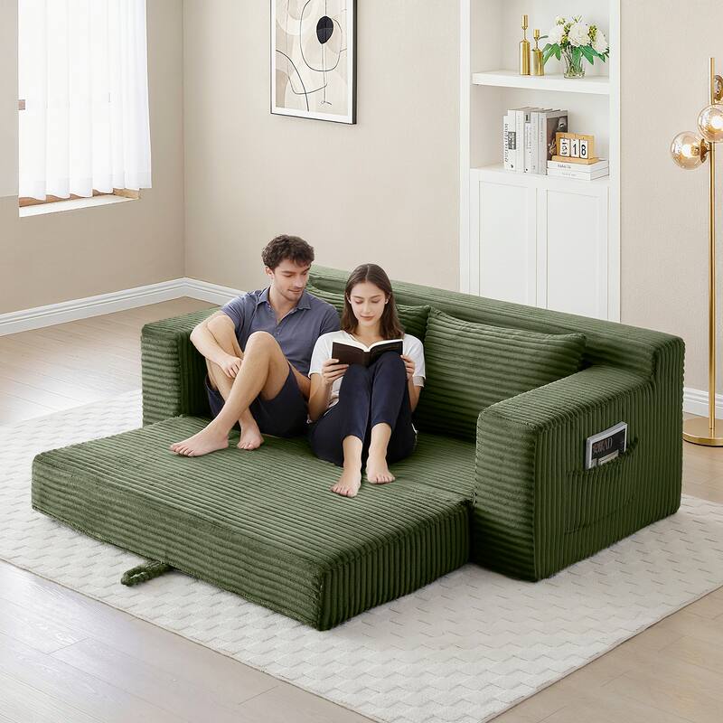 Memory Foam Cloud Loveseat Sofa, 2 in 1 Convertible Folding Couch Bed, No Assembly Compressed Corduroy Floor Lounge Sofa