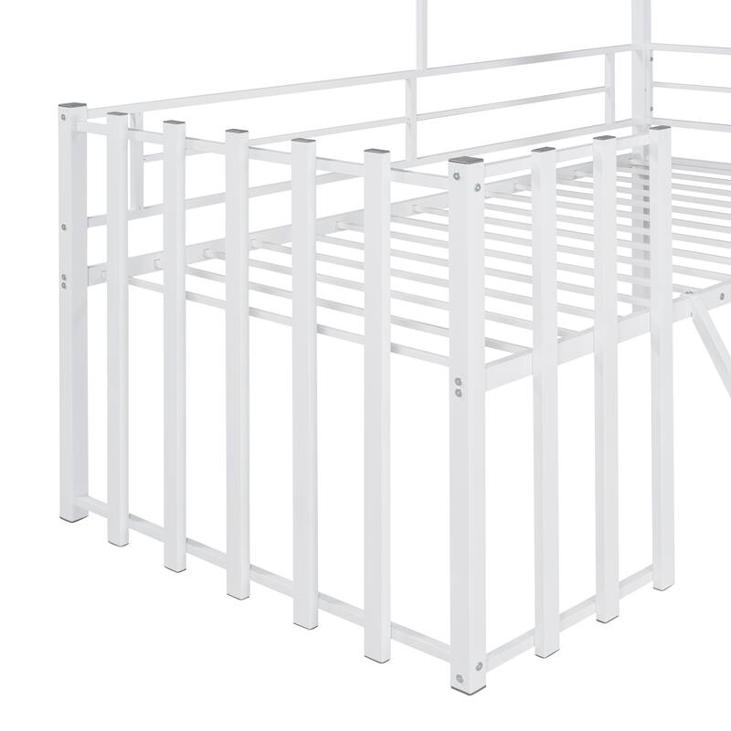 Twin Size Metal Loft Bed with Roof, Window, Guardrail, and Ladder