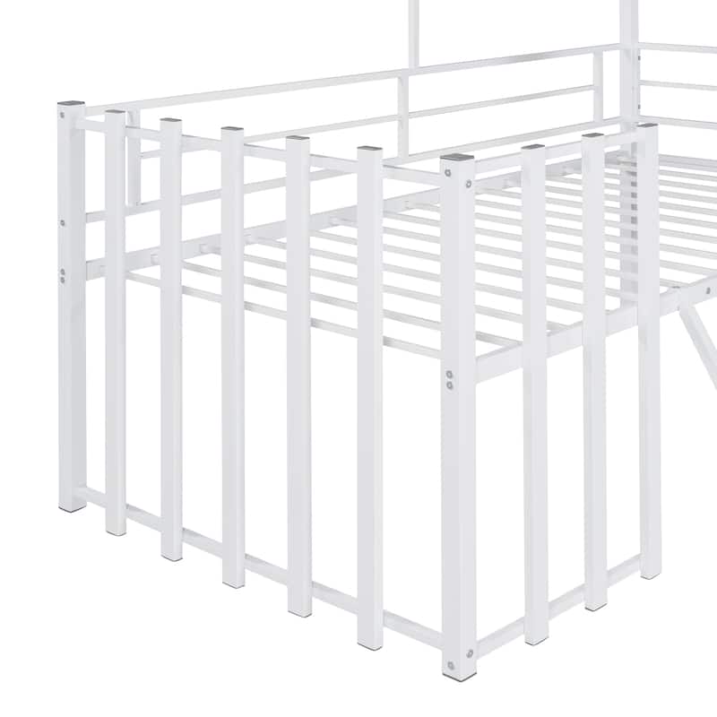 White Twin Size Metal Loft Bed with Roof, Window, Guardrail and Ladder for Kids, Boys and Girls, Bedroom